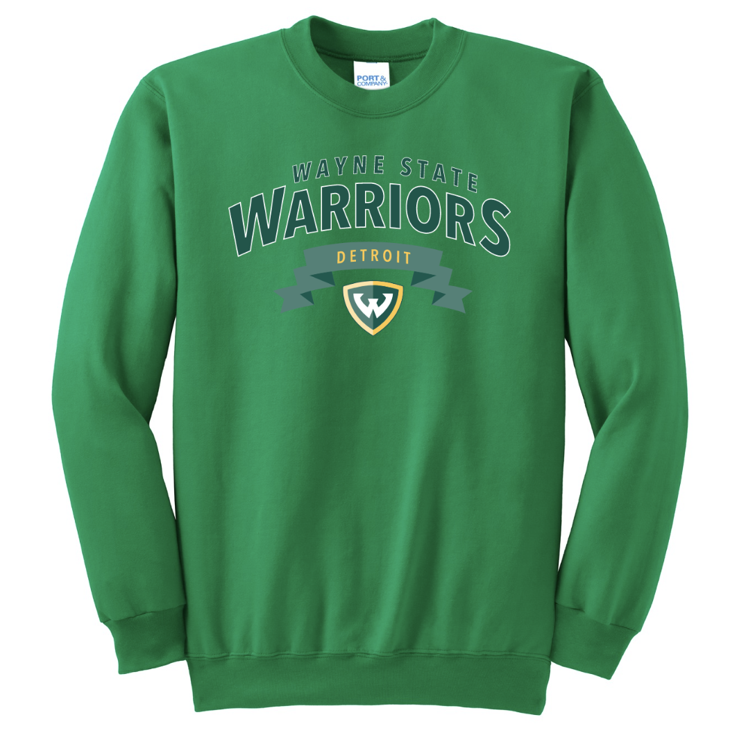 Green sweatshirt that says Wayne State Warriors Detroit