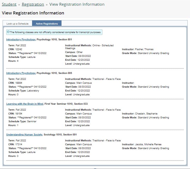 Screen capture showing Active Registrations for courses.