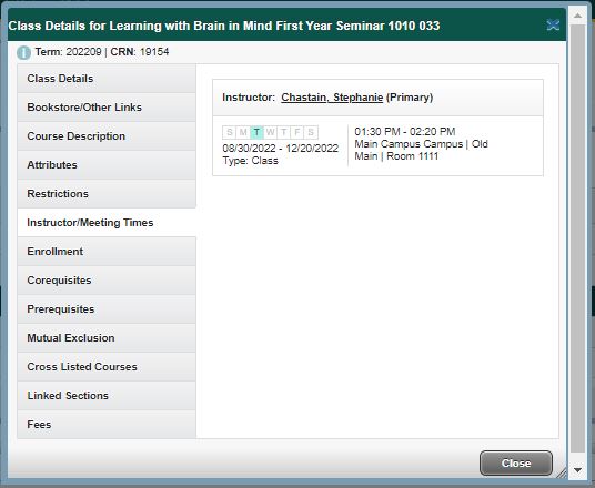 Screen capture of the Class Details panel showing the Instructor/Meeting Times information.