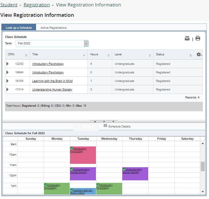 Screen capture showing the Class Schedule interface with information even when registration isn't active.