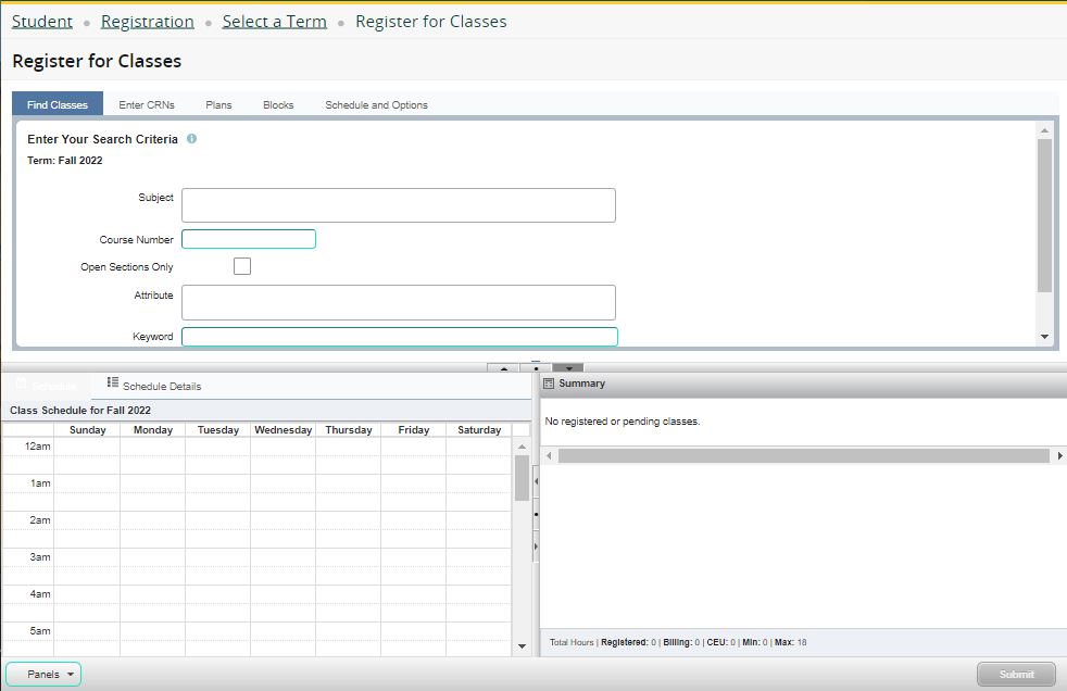 Screen capture of the Register for Classes interface in the Student Registration Portal