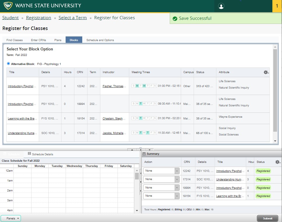 Screen capture of the Select Your Block Option interface in the Student Registration Portal, showing the message: Save Successful.