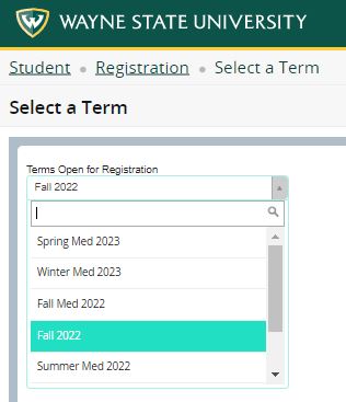 Screen capture of the Select a Term interface on the Student Registration Portal.