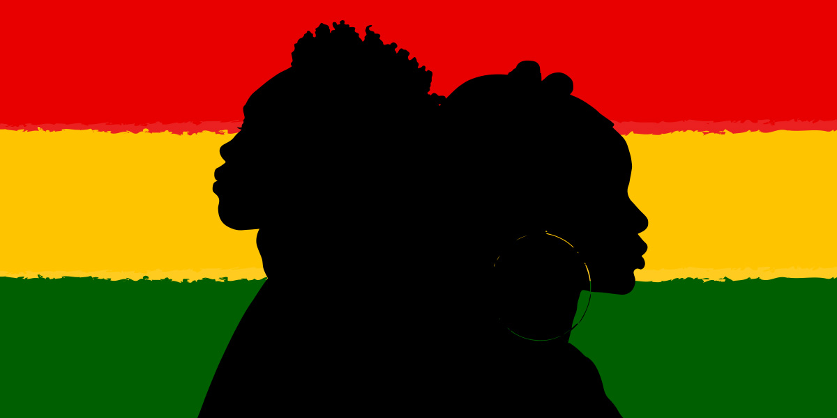 Silhouette of a Black man and Black woman standing back to back over horizontal rough-edged stripes of green, yellow and red