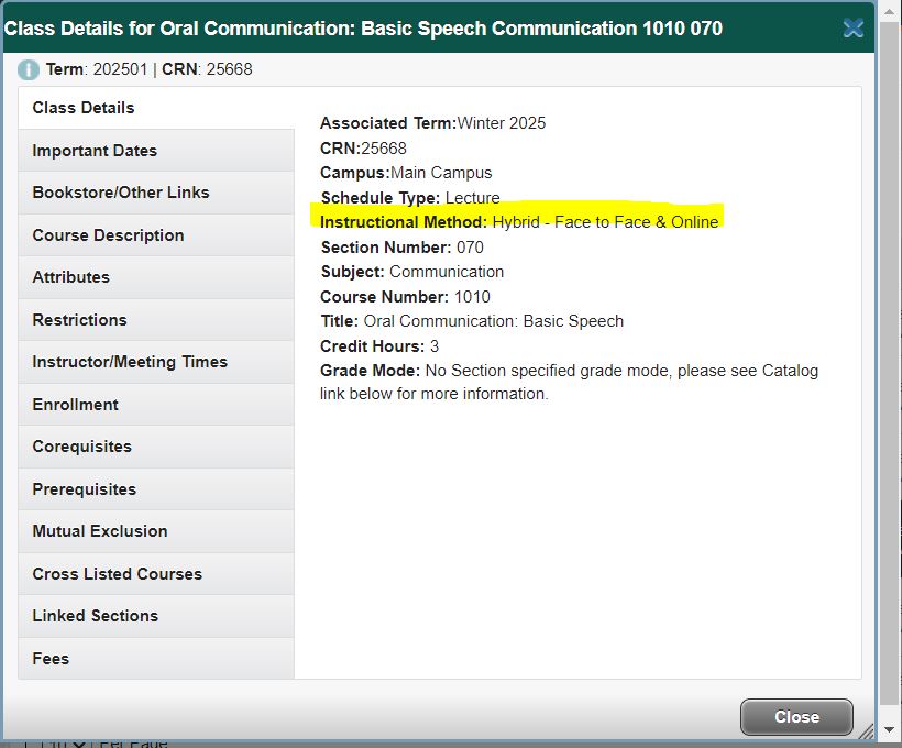 Class Details panel highlighting instructional method