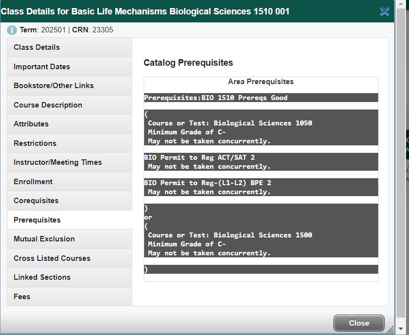 Class Details tab Prerequisites tab