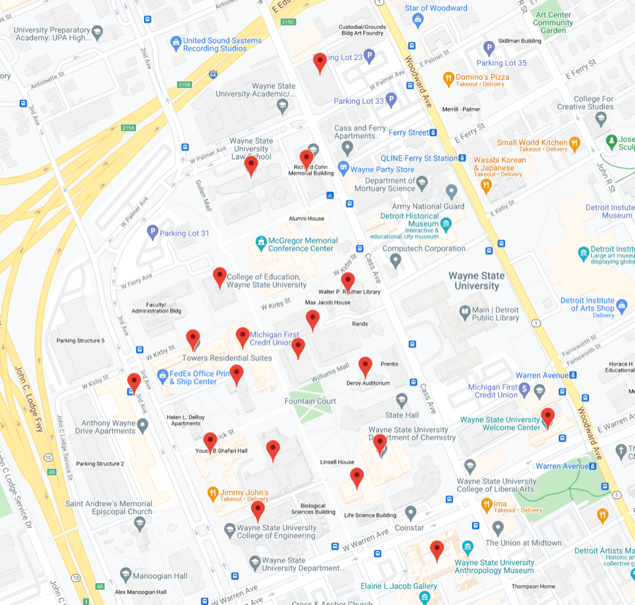 Map of campus with pinpoints on each self-guided tour location